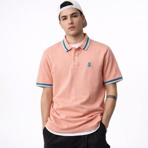 Psycho Bunny Polo Shirt Men’s UK 5 US S/M Peach Turquoise/Aqua Logo Short Sleeve